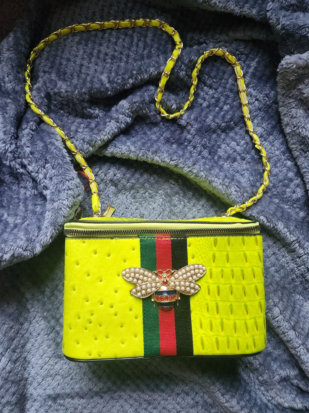 Ostrich Croc Queen Bee Stripe Boxy Crossbody Bag Satchel Neon Green Y2K